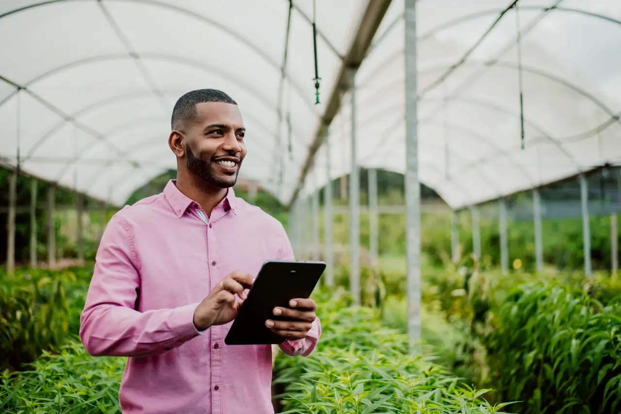 A imagem apresenta um homem jovem e negro vestindo uma camisa social rosada e com um tablet entre as mãos. Ele olha o horizonte e está em uma plantação. O tema do artigo é inovação no agronegócio.