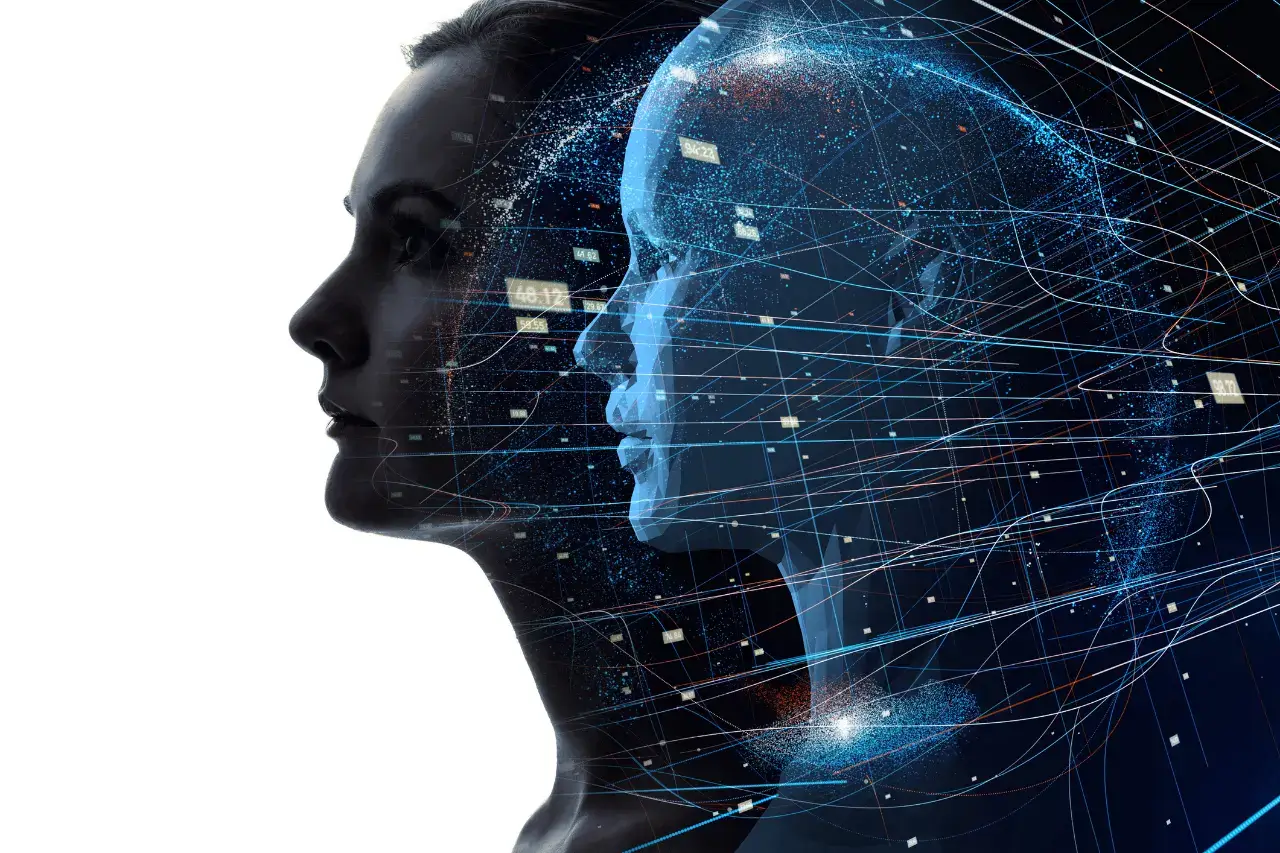 A imagem apresenta um perfil de uma mulher e ao seu lado uma ilustração em 3D de um perfil humano. O tema do artigo é gêmeos digitais.
